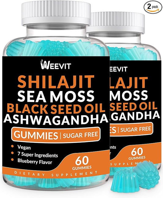 Shilajit Sea Moss Ashwagandha Gummies with Turmeric, Black Seed Oil, Vitamin C D for Men & Women, Shilajit and Ashwagandha Gummy, All in 1 Supplements for Immune, Absorption & Energy Support