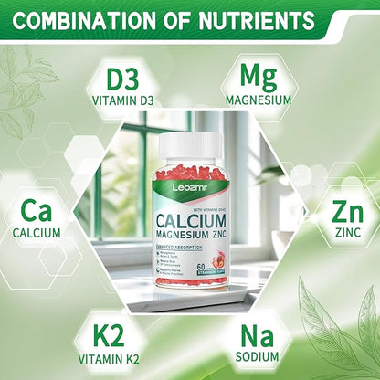 Calcium Magnesium Zinc Gummies with Vitamin D3 & K2 - High Potency Enhanced Absorption -120 Strawberry Gummies Flavored