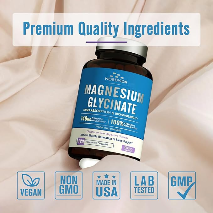 Magnesium Glycinate, 140 mg Elemental Magnesium Per Serving, Non Buffered, Max Absorption, Muscle Function, Nerve Health & Relaxation Support, 120 Vegetarian Caps