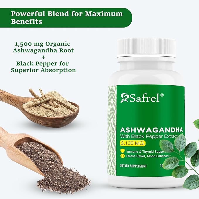 Safrel Ashwagandha 2,100 mg - 120 Vegan Capsules, High Potency, Non-GMO, Gluten Free Supplement