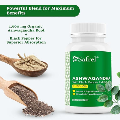 Safrel Ashwagandha 2,100 mg - 120 Vegan Capsules, High Potency, Non-GMO, Gluten Free Supplement