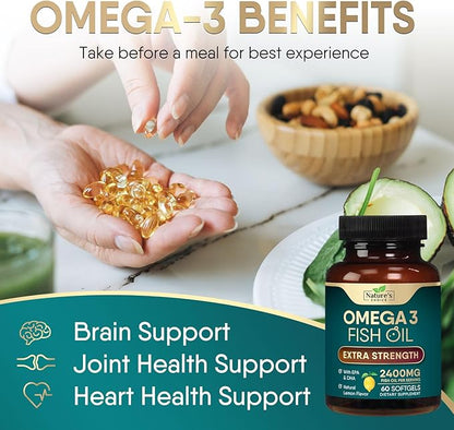 Triple Strength Omega 3 Fish Oil Supplement, EPA & DHA Fish Oil Omega 3 Essential Fatty Acids Supplement Softgels, 2400 mg Brain & Heart Health Support Supplements, Gluten Free, Non-GMO, 60 Softgels