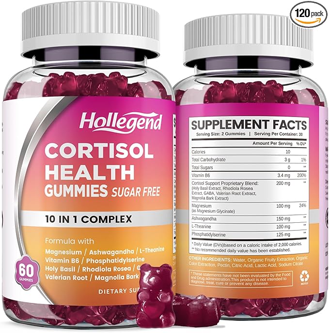 Cortisol Supplements for Women Men, Cortisol Gummies with Ashwagandha, Magnesium, L-Theanine, Phosphatidylserine, B6 for Cortisol Detox, Relaxation, Sleep, Focus, Sugar-Free, Vegan, 120