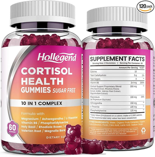 Cortisol Supplements for Women Men, Cortisol Gummies with Ashwagandha, Magnesium, L-Theanine, Phosphatidylserine, B6 for Cortisol Detox, Relaxation, Sleep, Focus, Sugar-Free, Vegan, 120