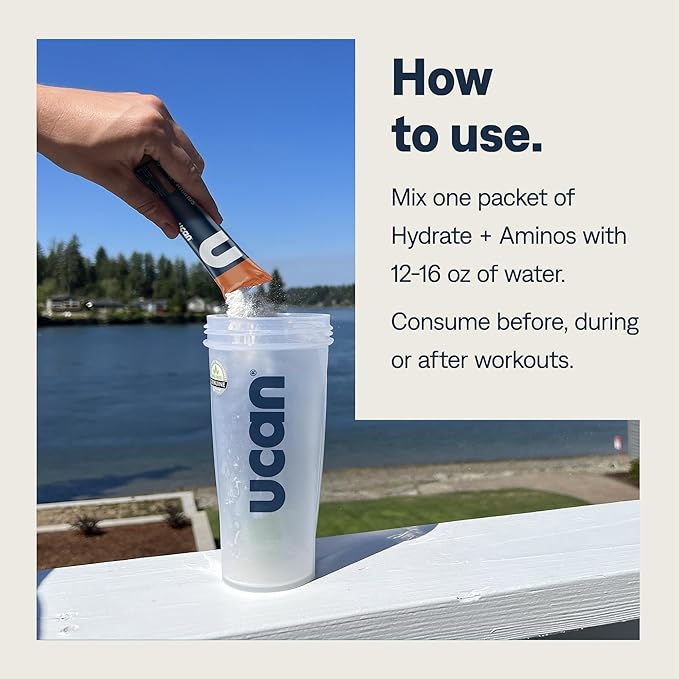UCAN Hydrate + Aminos Packets, Orange, 10 Count, Keto, Sugar-Free Electrolyte + Muscle Recovery, Essential Electrolytes + EAAs & BCAAs, Non-GMO, Vegan, for Runners, Gym-Goers, Performance Athletes