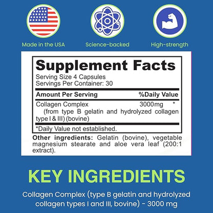Sigma Biotics Collagen Peptides - Hydrolyzed Collagen Capsules for Hair, Skin, Nails, and Joint Support - High-Strength Collagen Supplements with Type I & III - 3000 mg per Serving - 120 Pills