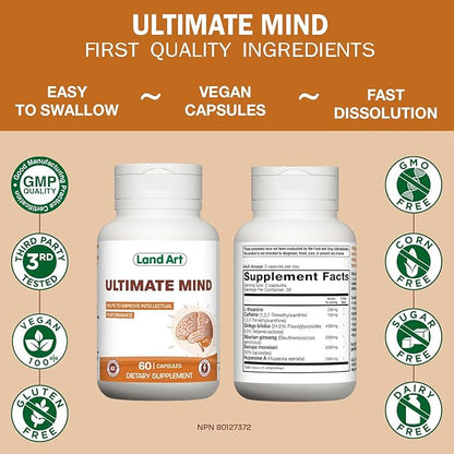 Ultimate Mind – Brain Supplement – 6 Actives – Memory, Focus, Cognitive Functions, Mental Sharpness, and Brain Energy – Brain Boost- 60 Capsules