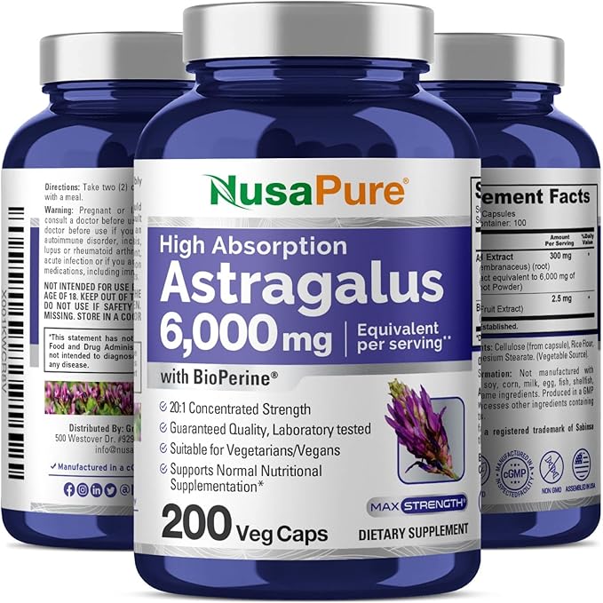 NusaPure Astragalus 20:1 Extract, 300 mg Equivalent to 6,000mg Per Serving, 200 Veggie Capsules, Non-GMO & Bioperine