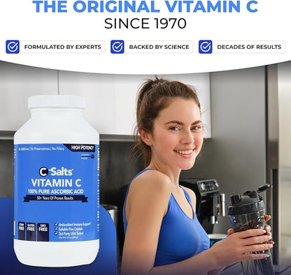 C-Salts Pure Ascorbic Acid Powder - High Dose 100% Pure Vitamin C Powder Supplement for Immune Support - Sugar-Free Powdered Drink with Soluble Fine Crystals, Organic, Corn-Free Non-GMO 24oz