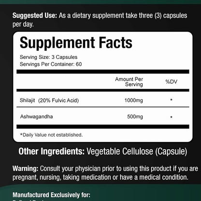 Shilajit Capsules 1000mg & Ashwagandha Supplements 500mg (180 Count) Pure Himalayan Shilajit - (20% Fulvic Acid Supplement) - Ashwagandha Capsules