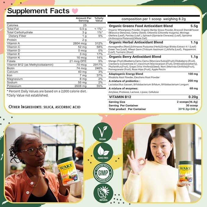Wake Antioxidant Super Greens, Best Natural Powder Superfood, Spirulina & Chlorella, Vitamin B12, Non-GMO Vegan Drink, Juice & Smoothie Blend, Enzymes, Probiotics, Acai Berry & Camu Camu
