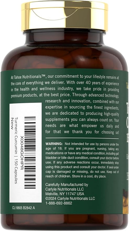 Tahoe Nutritionals Turmeric Supplement | 1500 mg | 150 Capsules | Complex with Black Pepper | Non-GMO and Gluten Free