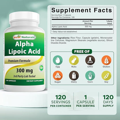 Best Naturals Alpha Lipoic Acid 300 mg 120 Capsules (120 Count (Pack of 3))