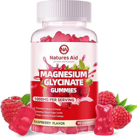 Magnesium Glycinate Gummies 1000mg - Sugar Free Magnesium Potassium Supplement with Vitamin D, B6, CoQ10 for Calm Mood & Sleep Support - 90 Raspberry Gummies.