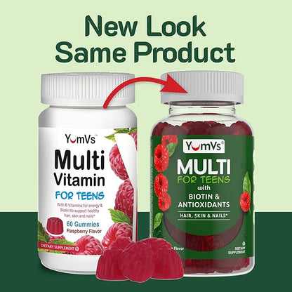 YumVs Teen Multivitamin Gummies with Biotin and Antioxidants - Raspberry Flavor - Hair Skin Nails Support - Vegetarian Kosher Teen Vitamins for Boys and Girls 12-17 - Teen Gummy Vitamins (60 Count)