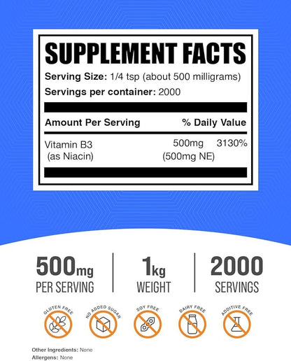 BulkSupplements.com Niacin Powder - Vitamin B3 Supplement, Niacin Flush - Gluten Free, 500mg per Serving, 1kg (2.2 lbs) (Pack of 1)