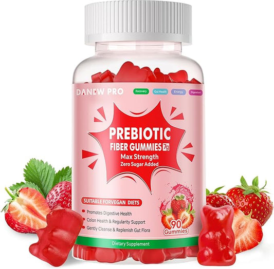 Prebiotic Fiber Gummies for Adults, 7G Extra Strength, Zero Sugar Added, 90 Pectin Based Gummies, Digestive Health & Regularity Support-Strawberry