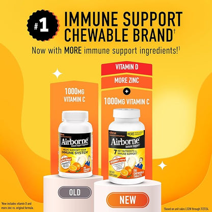 Airborne Vitamin C 1000mg (per Serving) - Citrus Chewable Tablets (116 Count in a Bottle), Gluten-Free Immune Support Supplement, with Vitamins A C E, Zinc, Selenium, Echinacea, Ginger, Antioxidants