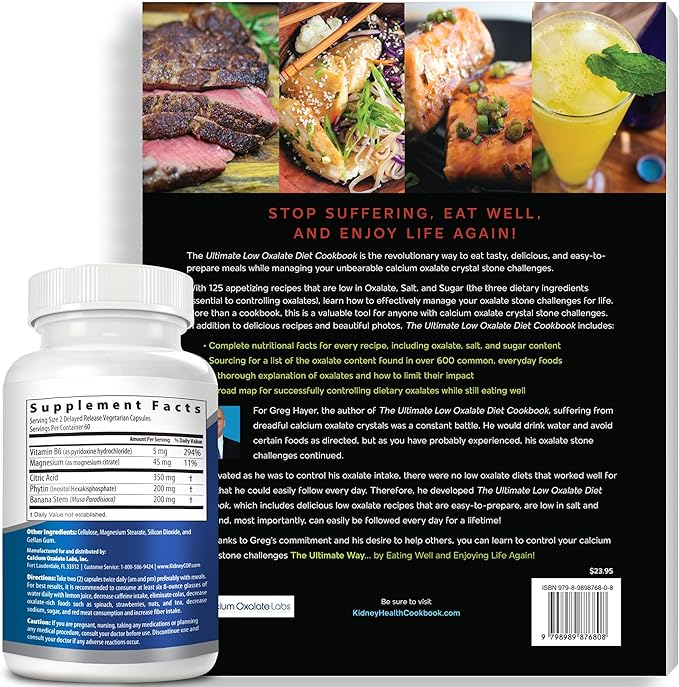 Kidney COP Calcium Oxalate Protector 120 Capsules, Patented Kidney Support for Calcium Oxalate Crystals, Stop Recurrence (Starter Pack - 1 Btl (120 Caps) and 1 Ultimate Low Oxalate Diet Cookbook)
