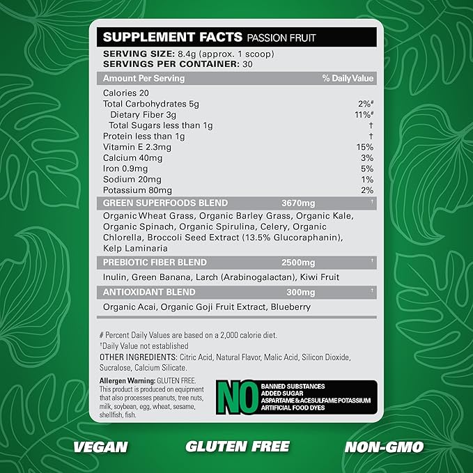 EHP Labs OxyGreens Super Greens Powder - Spirulina & Chlorella Superfood, Green Juice Powder & Greens Supplements with Prebiotic Fibre, Antioxidants & Immunity Support, 30 Serves (Passionfruit)