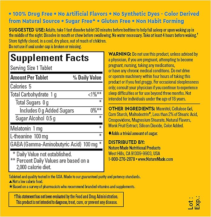 Nature Made Wellblends Back To Sleep, Lower Dose Melatonin 1 mg, L theanine 100 mg and GABA 100mg, Sleep Supplement, 40 Fast Dissolve Tablets