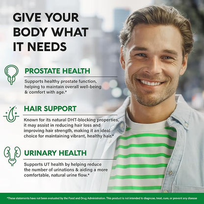 Saw Palmetto for Men 640mg - Pumpkin Seed | Nettle | Zinc & Pygeum - Prostate Health & Urinary Supplement - DHT Blocking & Hair Support - 45% Fatty Acids, Clinical Strength - Made in USA, 120 Capsules