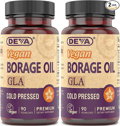 DEVA Vegan Vitamins, Borage Oil 500mg, Source of Omega-6 Fatty Acid GLA (Gamma linolenic Acid), Cold-Pressed & Unrefined, 90 Tablets (Pack of 2)