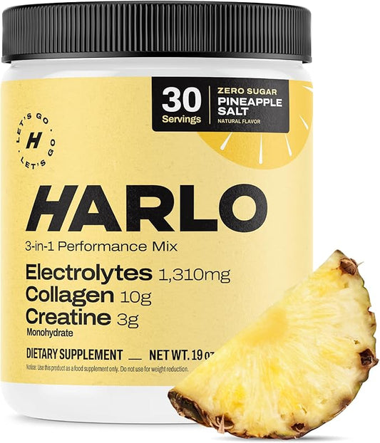 Harlo - Collagen & Creatine Electrolyte Drink Mix – Pineapple Salt Flavor – Hydrating Pre & Post Workout Powder – Supports Skin, Joints & Muscle Recovery – Sugar-Free Energy Boost