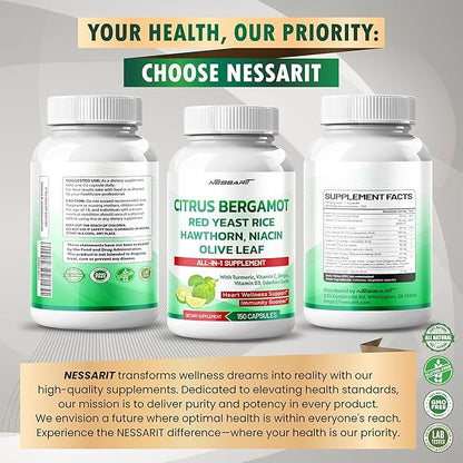 Citrus Bergamot Supplement - 15-in-1 Natural Blend with Red Yeast Rice Hawthorn Olive Leaf Odorless Garlic Turmeric Ginger Fenugreek - 150 Count - Made & Tested in The USA