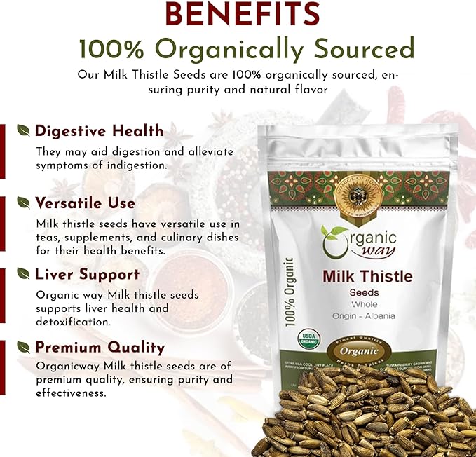 Organic Way Whole Milk Thistle Seeds (Silybum marianum) - European Wild-Harvest, Organic & Kosher Certified, Vegan, Non GMO & Gluten Free, USDA Certified, Origin - Albania (16 Oz)