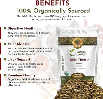 Organic Way Whole Milk Thistle Seeds (Silybum marianum) - European Wild-Harvest, Organic & Kosher Certified, Vegan, Non GMO & Gluten Free, USDA Certified, Origin - Albania (2 Oz)