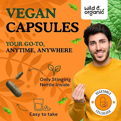 Wild & Organic Stinging Nettle Leaf Capsules - 1000 mg Stinging Nettle Extract for Urinary Support - 60 Vegan Herb Capsules - 30 Days Supply - Non-GMO, Gluten-Free, No Fillers