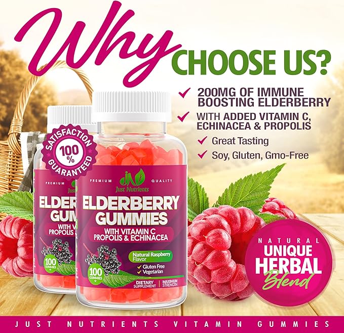 Elderberry Gummies with Vitamin C, Echinacea, Propolis (100 count) - Immune Support for Adults & Kids - Maximum Strength, Great Tasting Raspberry Flavor - Gluten-Free, Vegan - 100 Gummies