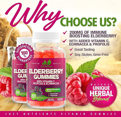 Elderberry Gummies with Vitamin C, Echinacea, Propolis (100 count) - Immune Support for Adults & Kids - Maximum Strength, Great Tasting Raspberry Flavor - Gluten-Free, Vegan - 100 Gummies