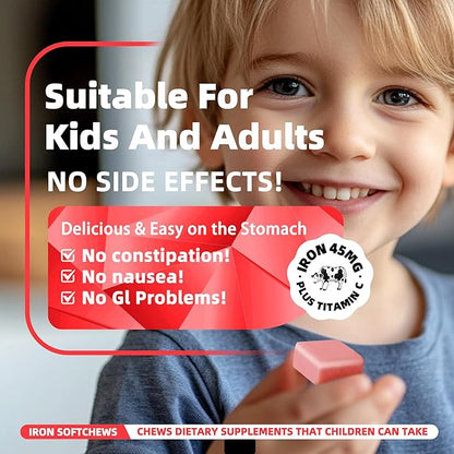 Iron Soft Chew Supplement with Vitamin C | Strawberry Flavored | Gluten Free | Iron Supplement for Women Men and Kids | 60 Count | 2 Month Supply