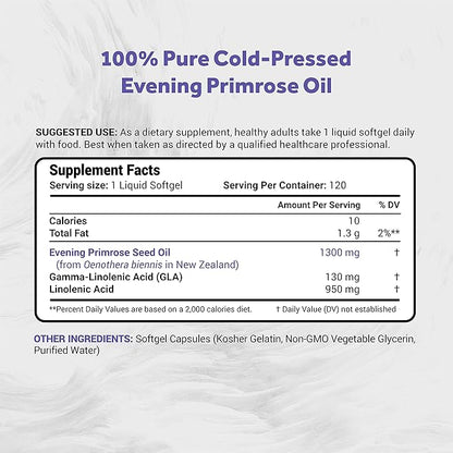 Evening Primrose Oil (1300mg) | 100% Natural from New Zealand | Non-GMO, Soy & Gluten Free, Zero Filler | 120 Softgels