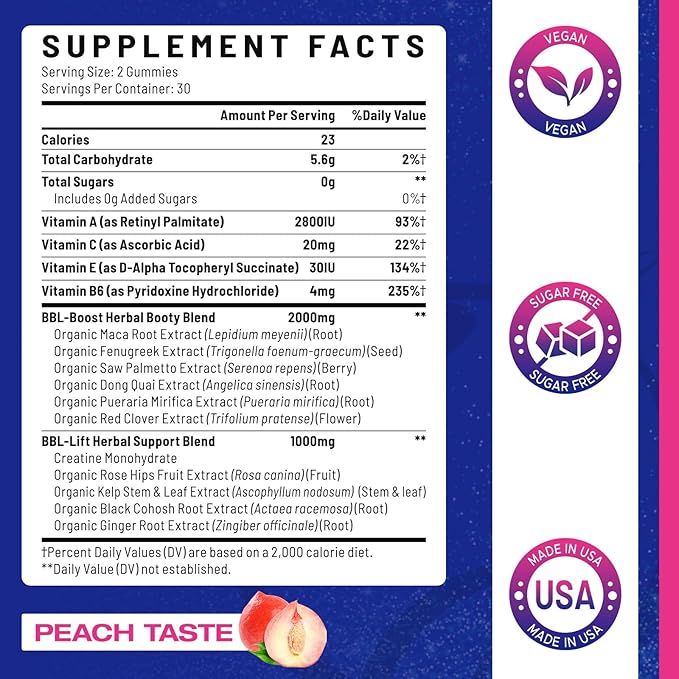 Booty Gummies for Women - BBL Gummies with Multivitamins and Herbal Extracts - Peach Flavor - 60 Count