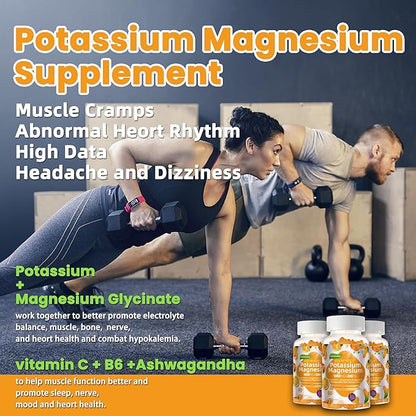 Potassium Magnesium Gummies,High Absorption Magnesium Glycinate,B6,D3,Potassium Citrate for Leg Cramps,Muscle,Electroyte for Adults Kids,Sugar-Free, 120 Gummies (Sweet Orange Flavor)
