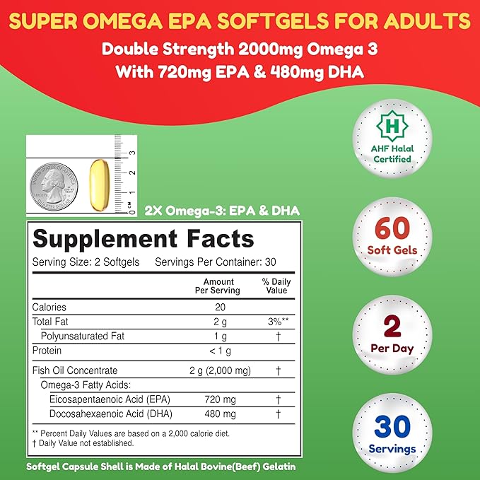 Halal Fish Oil Softgels 60 Ct, Double Strength - Halal Omega 3 Fish Oil Supplements. Wild Caught, Non-GMO & Purified