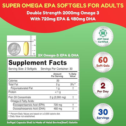 Halal Fish Oil Softgels 60 Ct, Double Strength - Halal Omega 3 Fish Oil Supplements. Wild Caught, Non-GMO & Purified