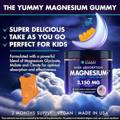 Secret Element Magnesium Glycinate 2150MG Gummies for Women and Men, High Absorption Magnesium Glycinate, Citrate, Malate, Sugar Free, Vegan, 60 Chews, Pack of 2, Orange