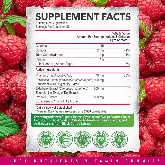 Elderberry Gummies with Vitamin C, Echinacea, Propolis (100 count) - Immune Support for Adults & Kids - Maximum Strength, Great Tasting Raspberry Flavor - Gluten-Free, Vegan - 100 Gummies