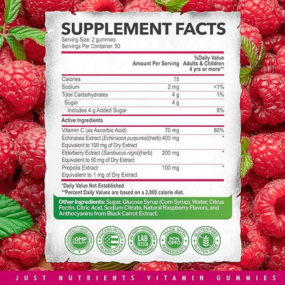 Elderberry Gummies with Vitamin C, Echinacea, Propolis (100 count) - Immune Support for Adults & Kids - Maximum Strength, Great Tasting Raspberry Flavor - Gluten-Free, Vegan - 100 Gummies