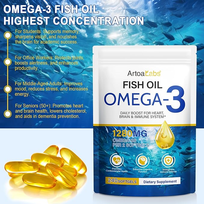 Fish Oil Softgels,Fish Oil Omega 3 Supplements Fatty Acids Including EPA and DHA for Women Men,240 Softgels