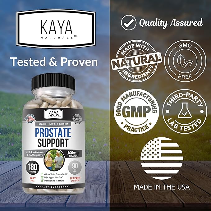 Kaya Naturals Prostate Support | Potent DHT Blocker for Hair Growth, Promote Sleep, Beta Blocker to Reduce Frequent Urination, Support Bladder Emptying & Stamina Supplement (180 Capsules)
