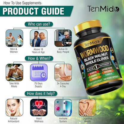 Wormwood Capsules Supplement for Men and Women, 10in1 Formula with Black Walnut, Whole Cloves, Turmeric, Cayenne Pepper & More - Digestive, Immune Support - Nutrient Rich - 150 Capsules