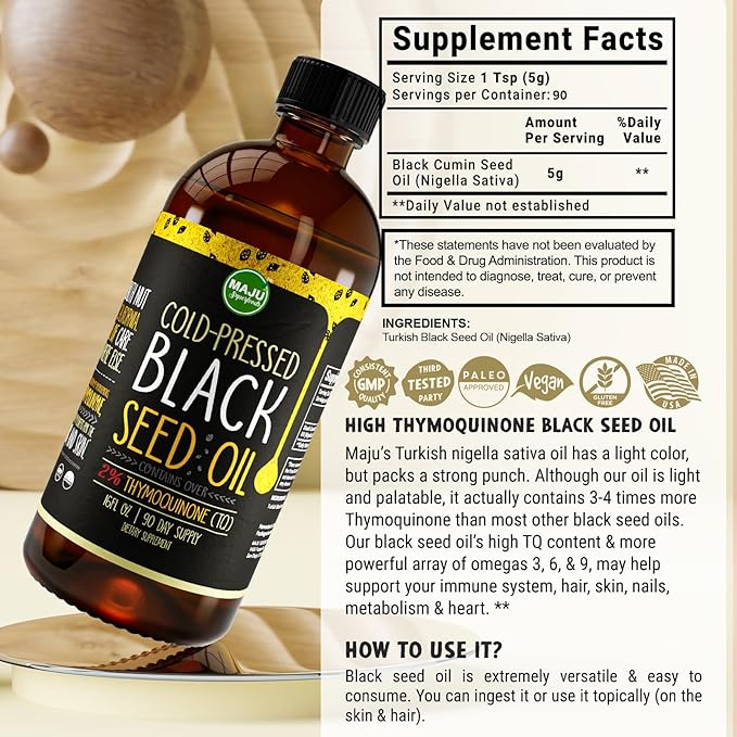 MAJU's Black Seed Oil 16oz: 3X Thymoquinone, Cold Pressed, 100% Turkish Black Cumin Nigella Sativa Seed Oil (Better Than Organic), Non-GMO, 100% Liquid Pure Blackseed Oil, Glass Bottle