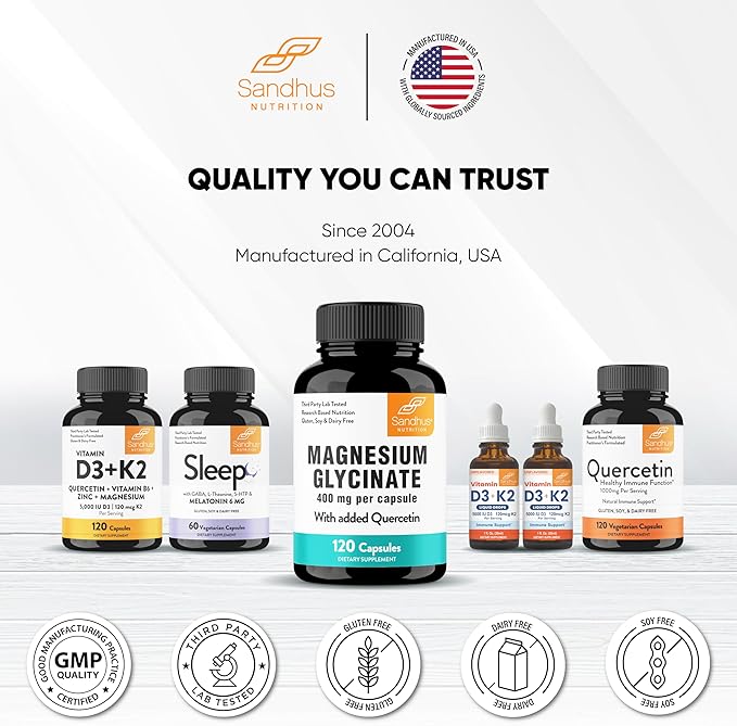 Magnesium Glycinate 400mg Capsules with Quercetin | Quality Sleep, Relaxation, Muscle, Bone Health & Immune Support | 120 Count (Pack of 2) | Easy to Swallow | for Women and Men