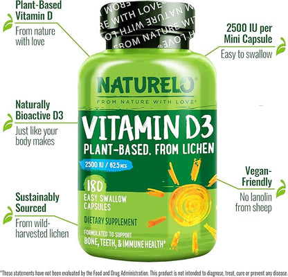 NATURELO Vitamin D - 2500 IU - Plant Based from Lichen - Natural D3 Supplement for Immune System, Bone Support, Joint Health - Vegan - Non-GMO - Gluten Free - 180 Capsules