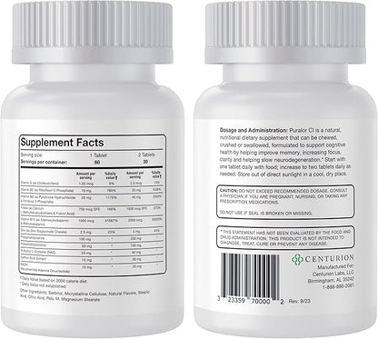 Centurion Puralor CI Brain Supplement for Memory and Focus with Folate, NADH, Vitamin B2, B6 and B12 for Teens and Adults, 60 Tablets